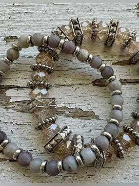 Neutral Faceted Crystal and Agate Stretch Bracelet Set